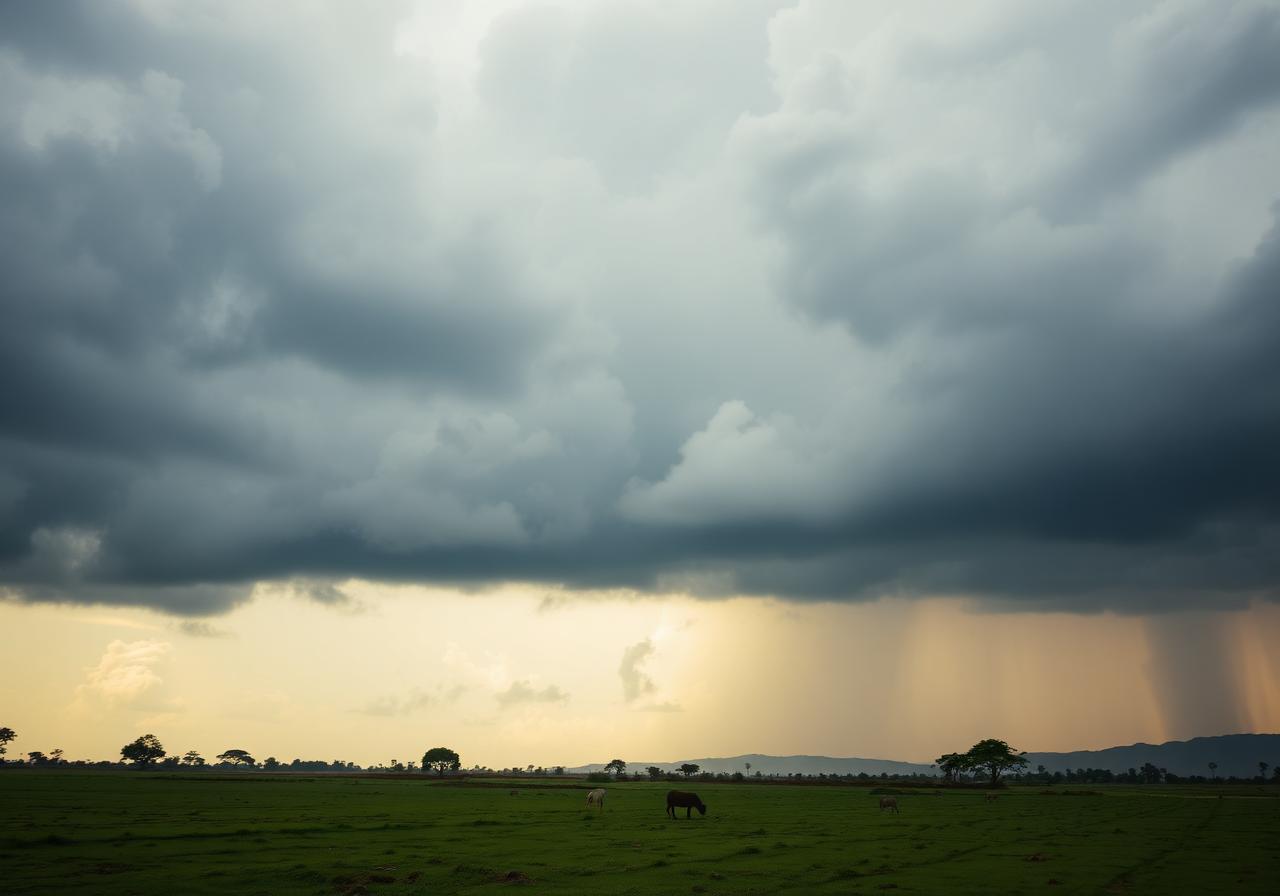 Nuvens de chuva sobre pastagem verde com gado ao fundo